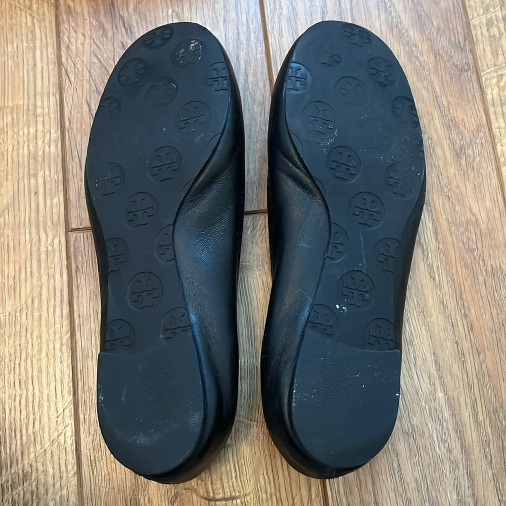 Tory Burch Reva Black Gold Leather Ballet Flats Classic Ballet Flat